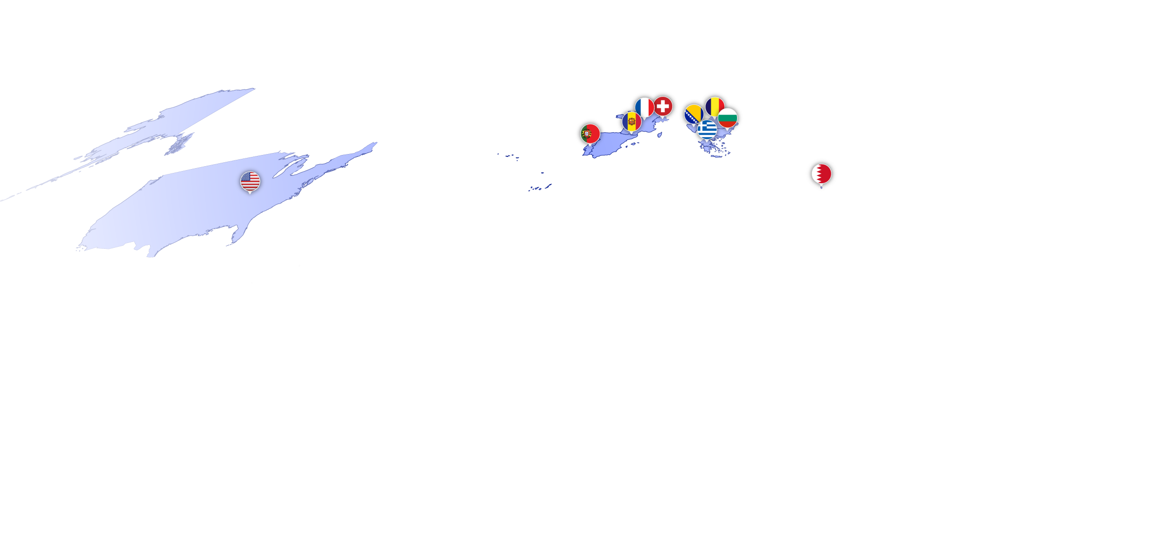 Mapa mundial con indicadores de los países donde DSP tiene presencia internacional, como Estados Unidos, Portugal, Suiza, Francia, Bosnia y Baréin.