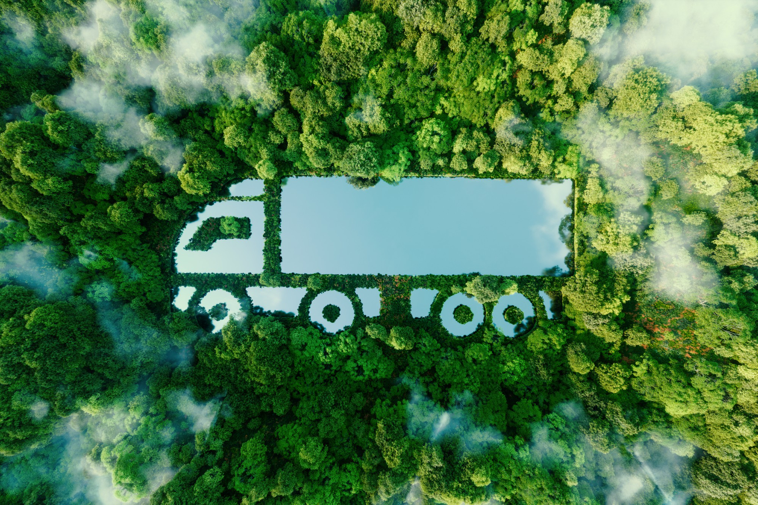 Camión ecológico formado en un claro del bosque, simbolizando transporte sostenible y reducción de emisiones