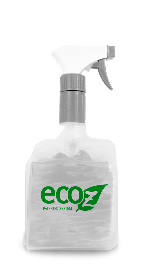 Envase recargable del sistema Eco Z de DSP en blanco y negro, diseño ergonómico y antigoteo