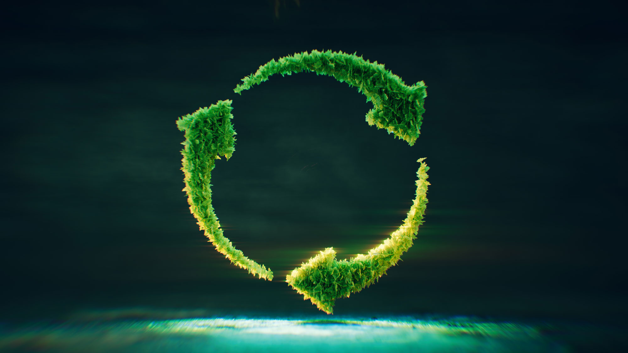 Símbolo de reciclaje ecológico formado por flechas de hojas verdes, representando sostenibilidad y economía circular