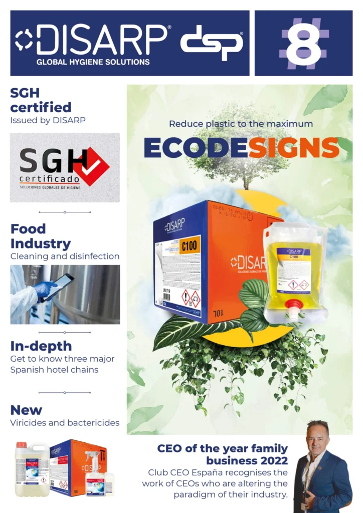 Portada de la revista DSP Magazine nº8 con el titular “Ecodesigns”, nuevos productos viricidas y bactericidas, artículos sobre limpieza en la industria alimentaria, y reconocimiento al CEO del año 2022.