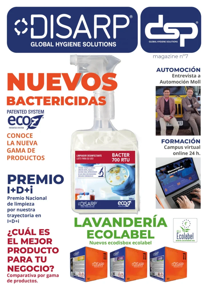 Portada de la revista DSP Magazine nº7 con nuevos bactericidas Ecoz, entrevista al sector automoción, formación virtual 24 h, y novedades para lavandería con ecodiseños Ecolabel.