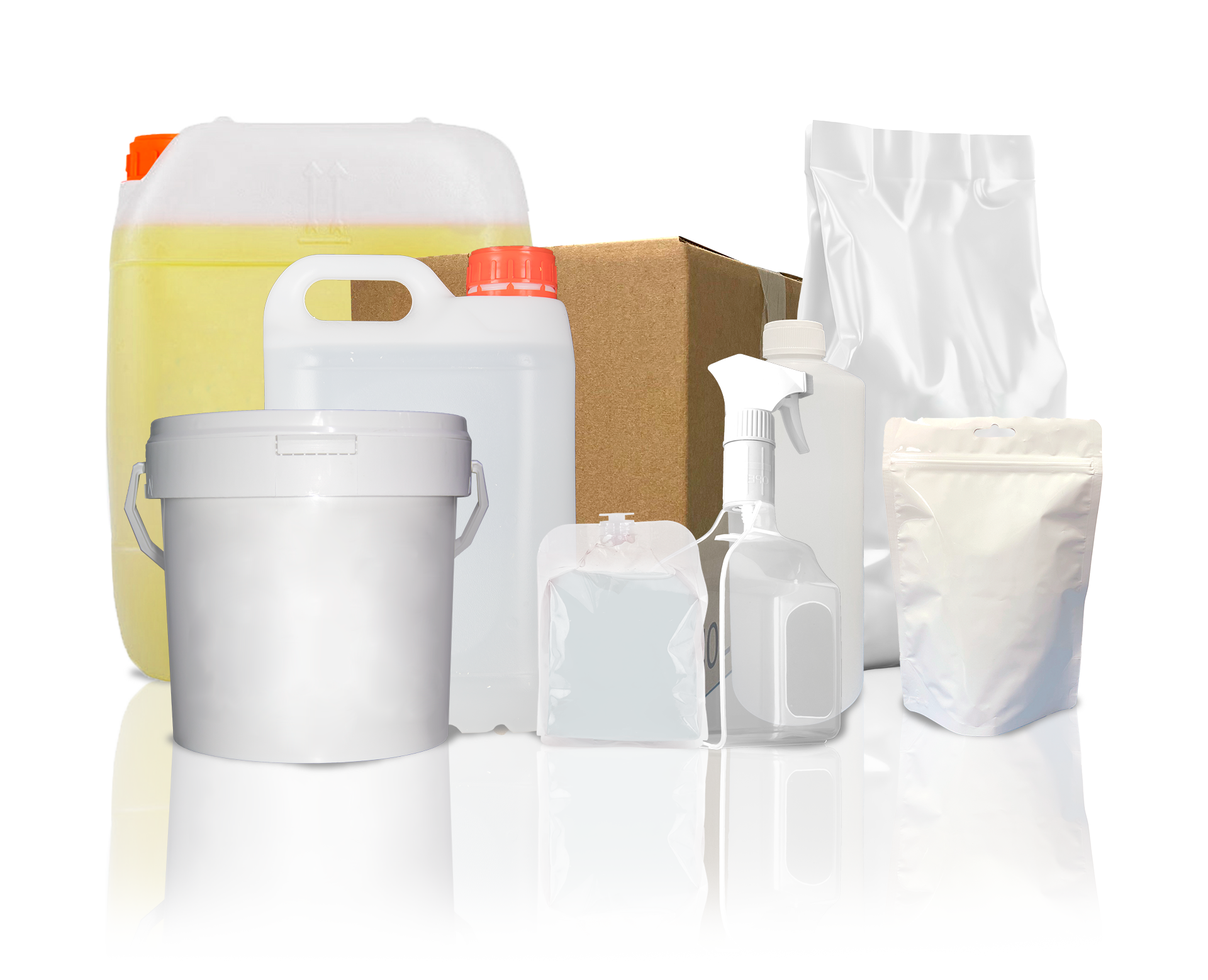 Envases y formatos disponibles para productos de gran consumo: garrafas, cubos, bolsas, botellas y cajas personalizables para la marca del cliente.