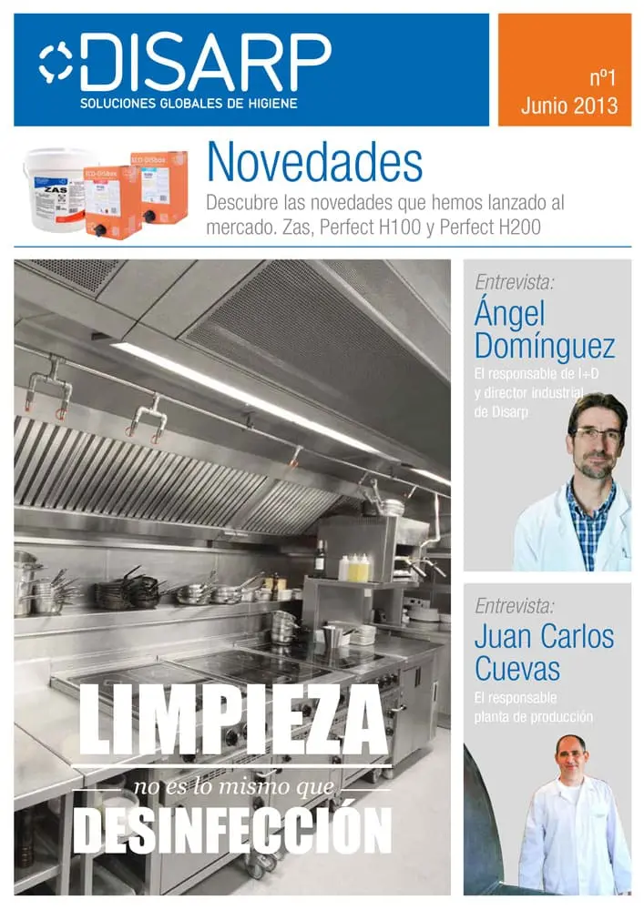 Portada de la revista DSP Magazine nº1, junio de 2013, con artículos sobre la diferencia entre limpieza y desinfección, entrevistas a Ángel Domínguez y Juan Carlos Cuevas, y novedades de productos Zas, Perfect H100 y Perfect H200.