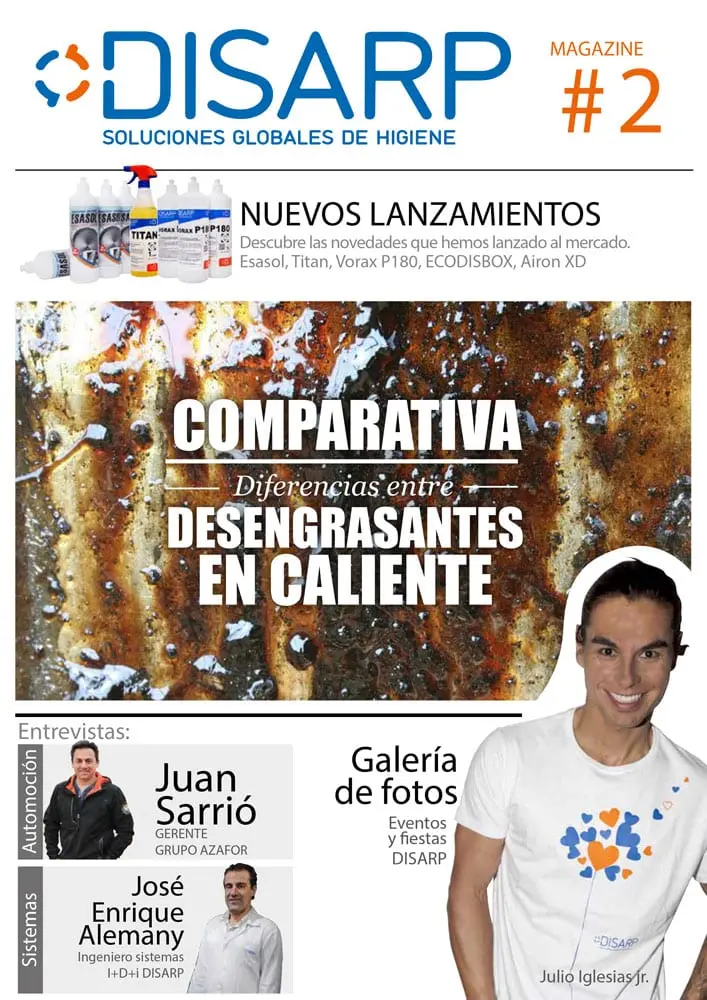 Portada de la revista DSP Magazine nº2 con comparativa de desengrasantes en caliente, lanzamientos de Esasol, Titan, Vorax P180, ECODISBOX y Airon XD, entrevistas y galería de fotos con Julio Iglesias Jr.