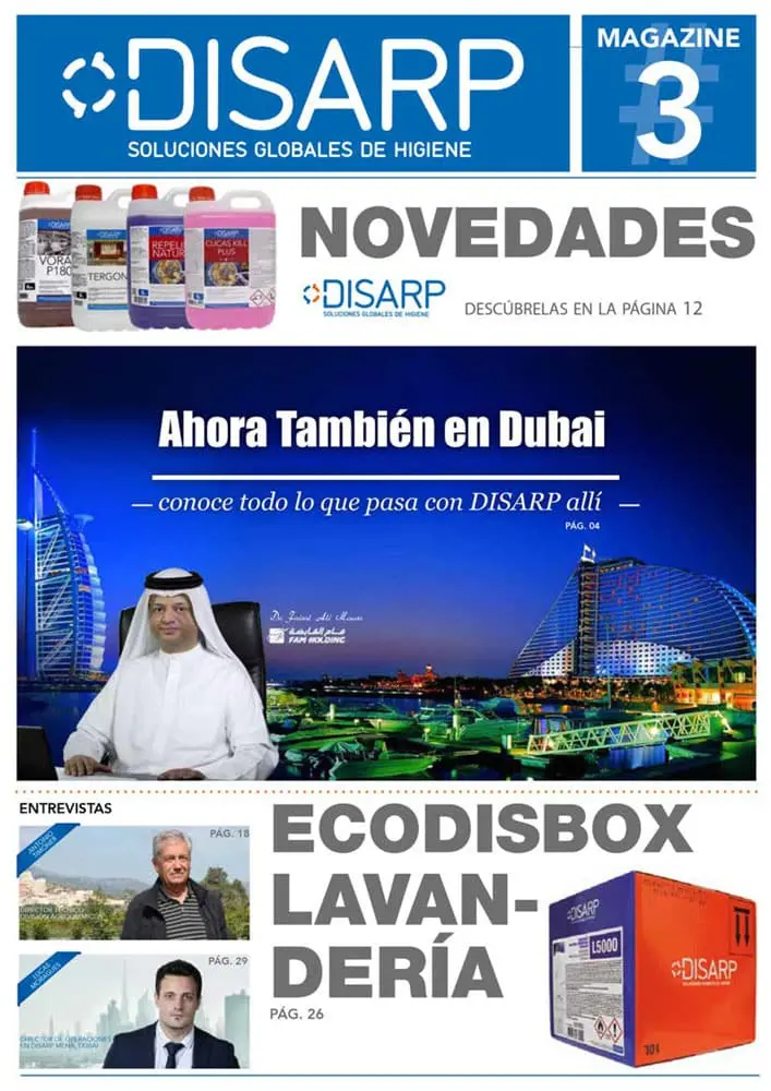 Portada de la revista DSP Magazine nº3 con nuevos productos de limpieza, la expansión de DSP en Dubái, entrevistas destacadas y presentación del sistema Ecodisbox para lavandería profesional.
