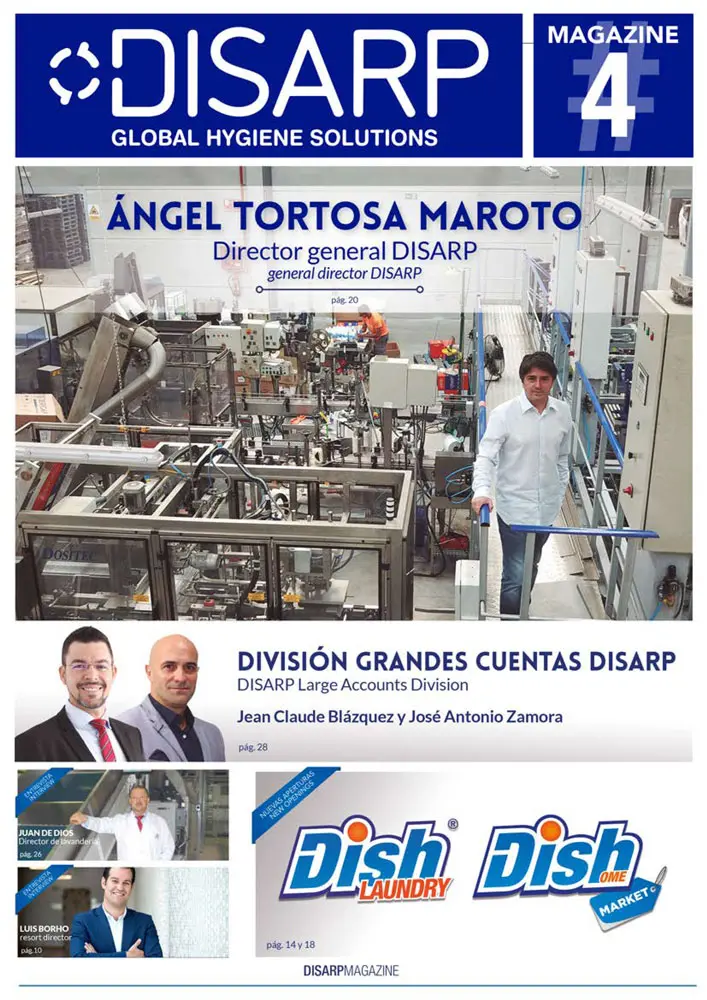 Portada de la revista DSP Magazine nº4 con Ángel Tortosa Maroto en la planta de producción, división Grandes Cuentas con Jean Claude Blázquez y José Antonio Zamora, y presentación de la gama Dish Laundry y Dish Home Market.