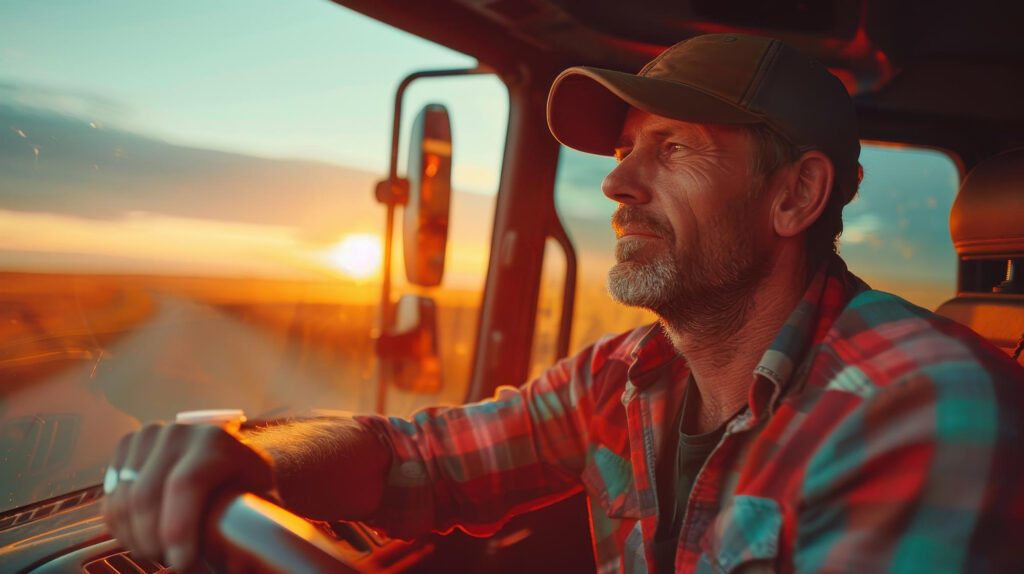 Hombre conduciendo un vehículo al atardecer con luz solar directa entrando por la ventanilla