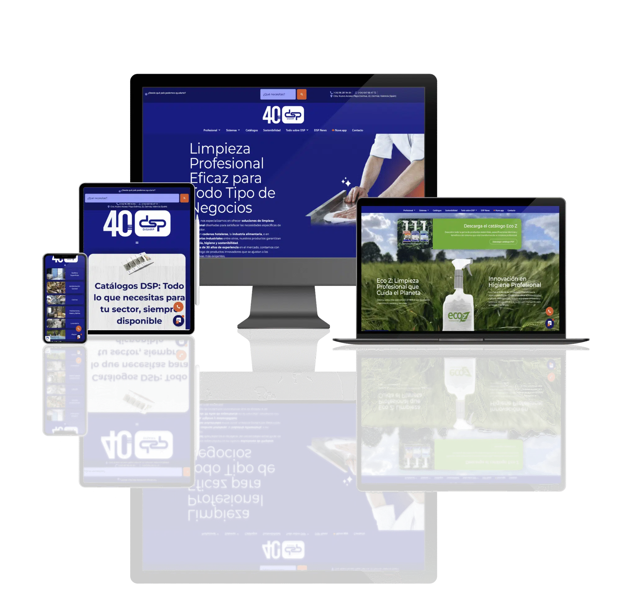 Mockup de la nueva web de DSP en versión responsive, mostrada en ordenador, portátil, tablet y smartphone, con diseño moderno, profesional y adaptable a todos los dispositivos.