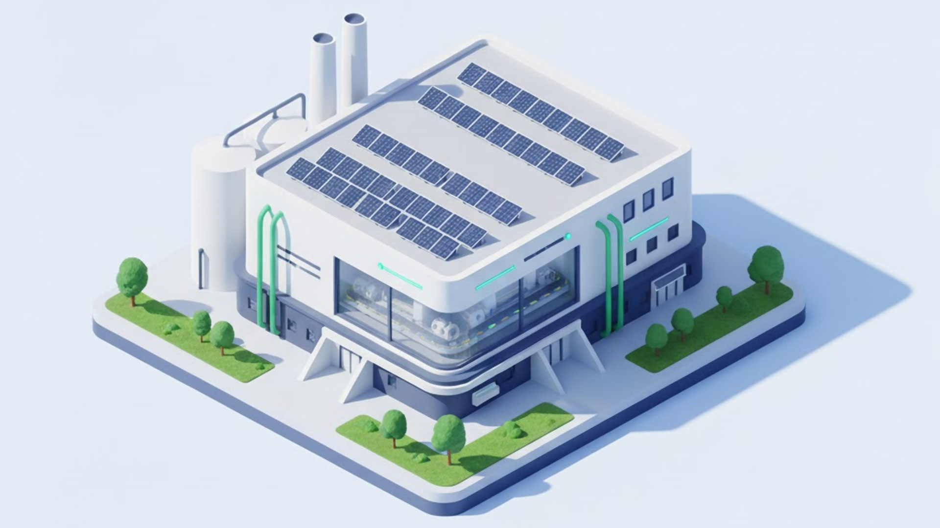 Fábrica moderna isométrica con paneles solares y zonas verdes; metáfora del apoyo público a la reindustrialización.