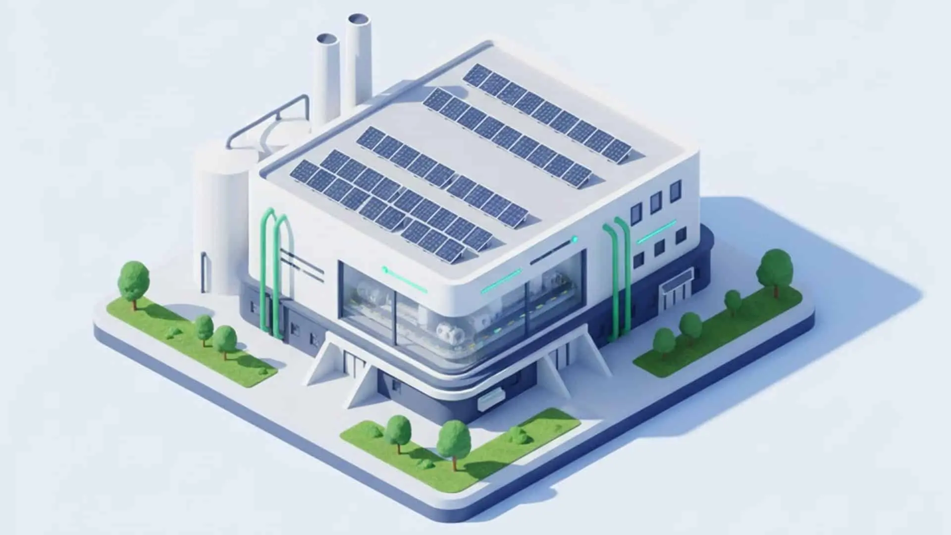 Fábrica moderna isométrica con paneles solares y zonas verdes; metáfora del apoyo público a la reindustrialización.
