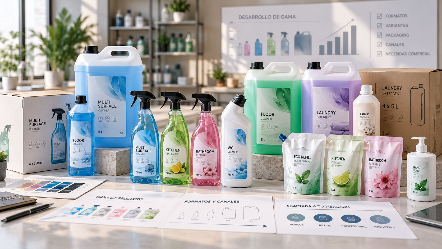 Desarrollo de gama de productos de limpieza y packaging para marca propia adaptado a las necesidades comerciales de cada proyecto