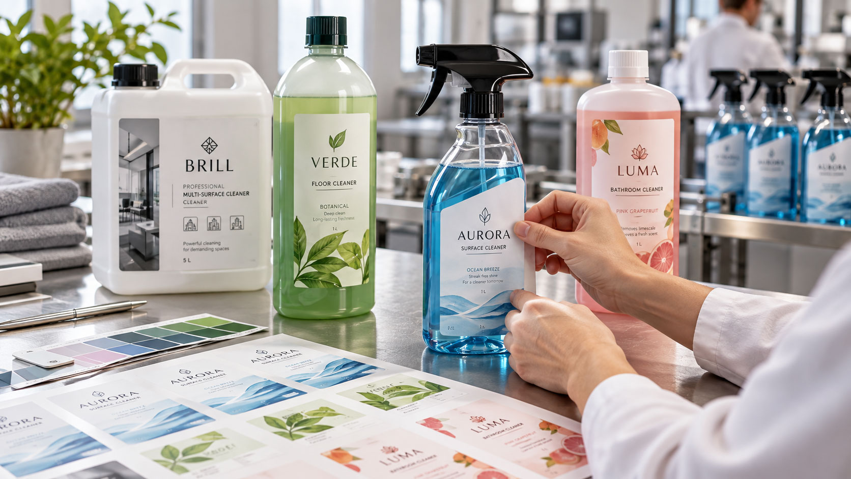 Técnico aplicando una etiqueta personalizada a un producto de limpieza de marca propia junto a diferentes formatos de envase.