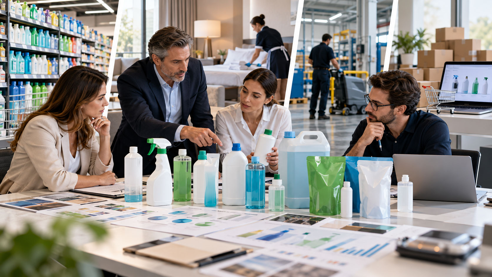 Equipo de DSP analizando productos de limpieza de marca propia para retail, hostelería, industria y otros canales de comercialización