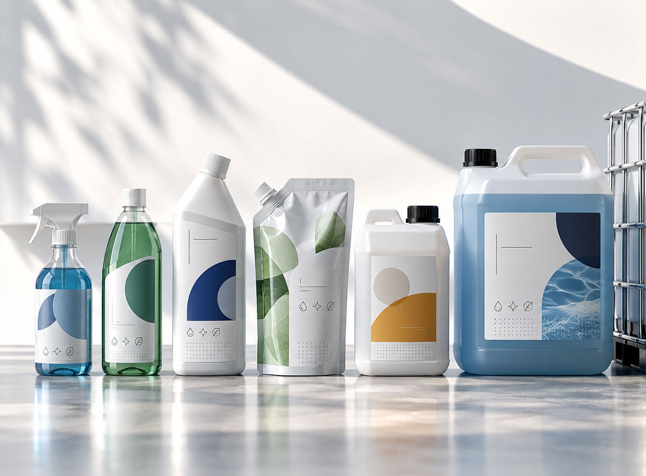 Diferentes formatos y capacidades de envases para productos de limpieza fabricados por DSP para proyectos de marca propia