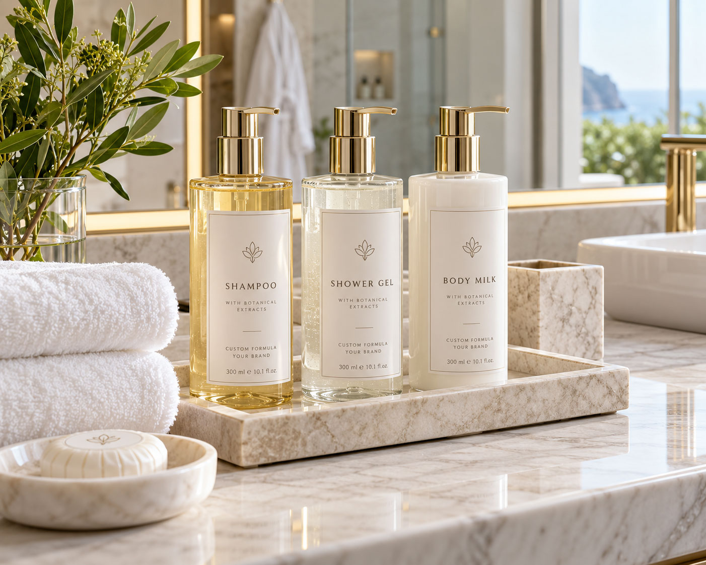 Champú, gel corporal y body milk para hoteles como ejemplo de fabricación y personalización de amenities de marca propia por DSP