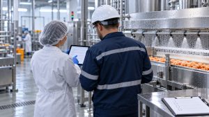 Ilustración de responsables de calidad y mantenimiento revisando un protocolo en una planta alimentaria