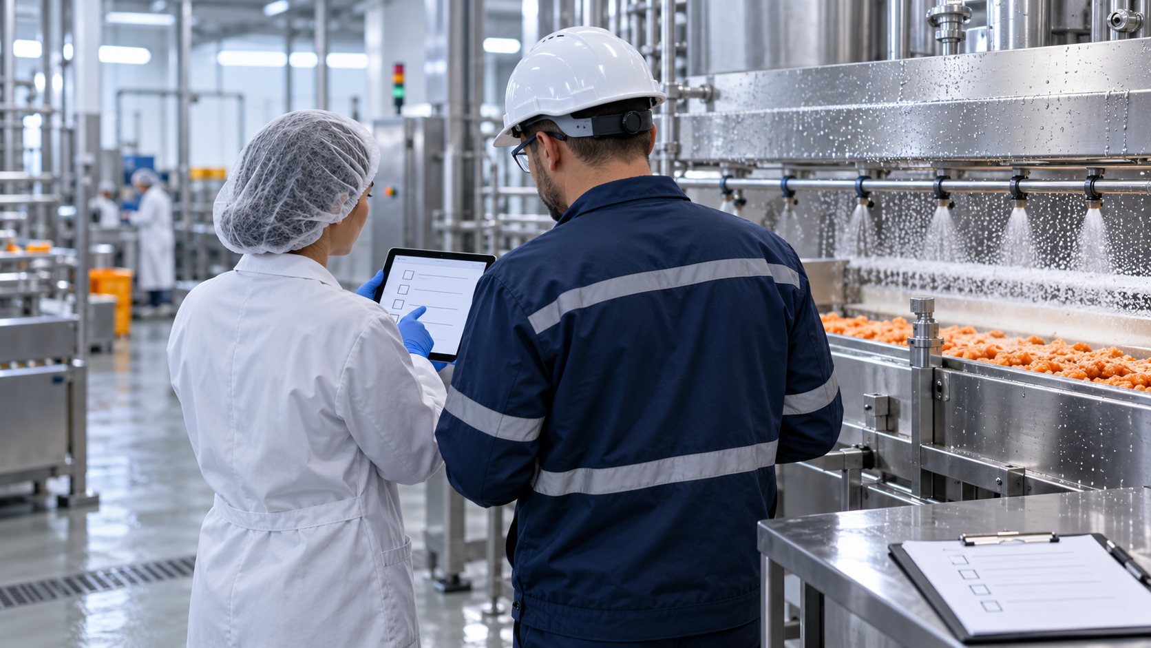 Ilustración de responsables de calidad y mantenimiento revisando un protocolo en una planta alimentaria