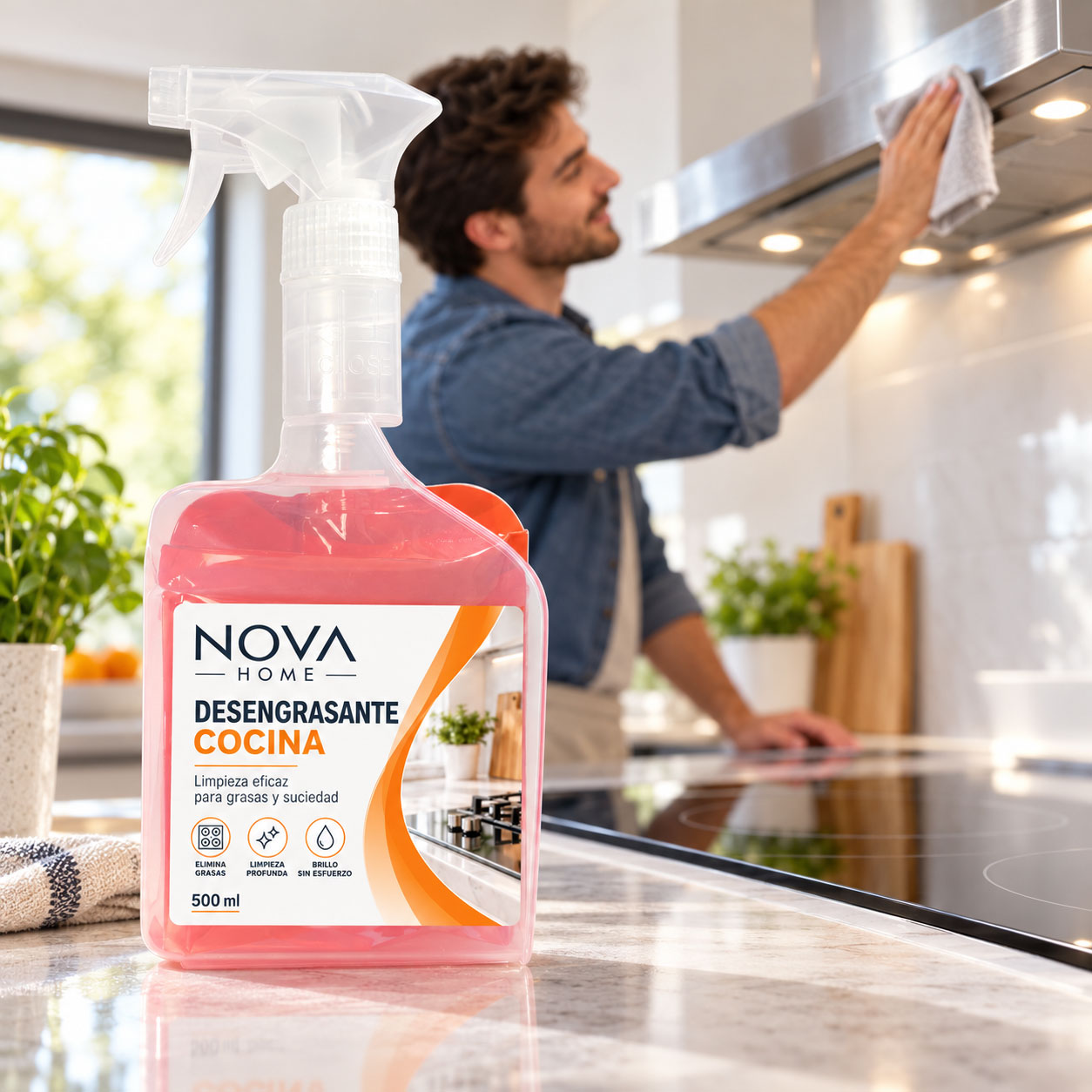 Desengrasante de cocina de marca blanca con envase pulverizador personalizado sobre una encimera, mientras un hombre limpia la campana extractora.