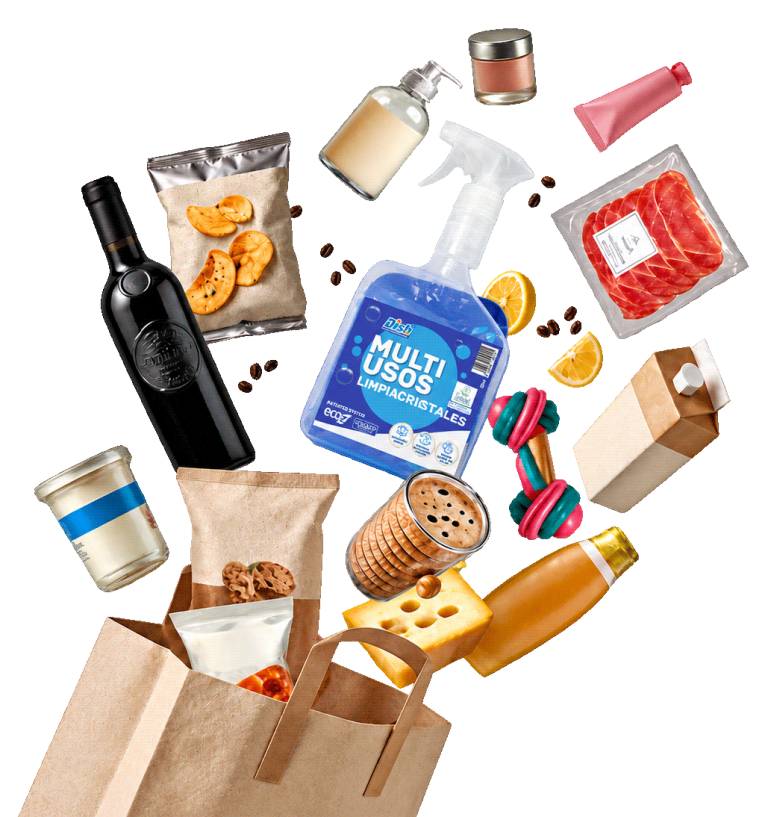 Productos de supermercado con un limpiacristales multiusos DSP como protagonista, representando la marca privada en el sector retail.